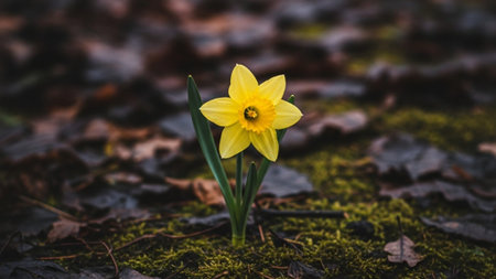 A bright yellow daffodil bloom in sharp focus against a cinematic ultrawide backdrop of blurred, wet brown winter foliage, symbolizing spring and hope.の素材