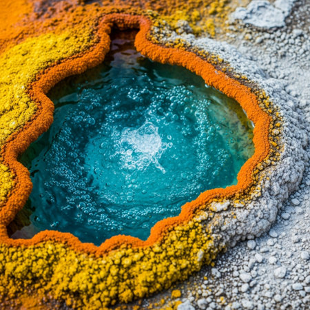 Close-up of saturated orange and yellow mineral deposits surrounding a violently bubbling turquoise hot spring vent. Raw, textured nature detail.の素材