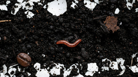 Ultra-macro cinematic shot of dark, rich compost soil layered with coffee grounds and eggshells. A tiny earthworm processes the nutrients.の素材