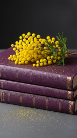 Vibrant yellow Mimosa branch resting on deep purple antique books, symbolizing knowledge, success, and International Women's Day achievement.の素材