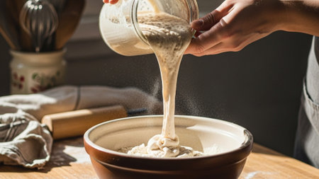 Wide, cinematic shot of vibrant sourdough starter being poured into flour in a rustic, sunlit kitchen, emphasizing the bubbly texture and fermentation.の素材