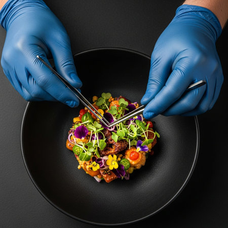 Chef's hands in blue gloves meticulously garnishing gourmet street food with edible flowers and microgreens. Overhead flat lay detail shot.の素材