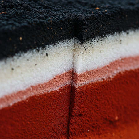 High-detail cinematic close-up of wet earth cross-section showing vivid layers: black loam, white sand, and red clay. Geological stratification.の素材