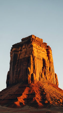 Dramatic 9:16 vertical shot of massive stratified red and ochre desert rock against a pale blue sky. Cinematic, minimalist, high contrast nature photography.の素材