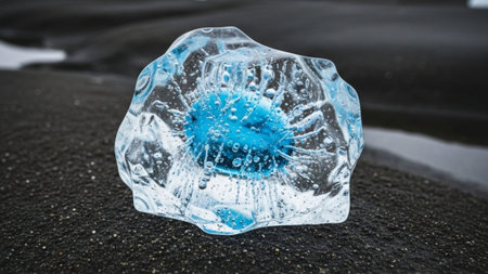 Ancient glacial ice fragment with trapped brilliant blue air bubbles and internal micro-fractures, resting on dark bedrock in a cinematic wide Arctic environment.の素材