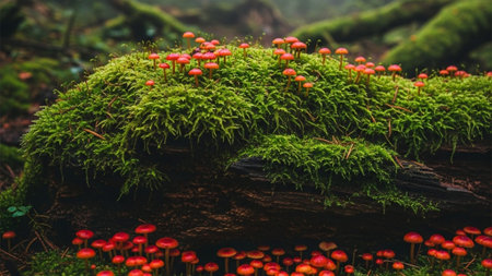 Cinematic wide shot of tiny, neon toadstools emerging from vibrant moss on a decaying log in a misty forest. Harsh flash photography, high contrast.の素材