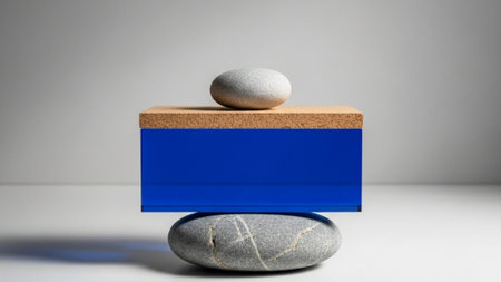 Cinematic 16:9 still life showing smooth river stones, reflective blue glass, and porous cork in a geometric stack, symbolizing earth, water, and air.の素材