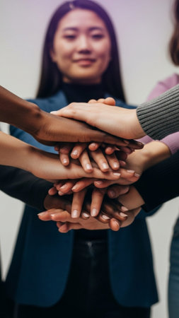 Diverse women's hands stacked, showing multi-ethnic unity and empowerment with a purple glow. Perfect for Women's Day editorial content.の素材