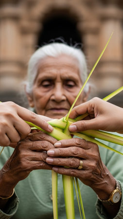 Close-up vertical shot of intergenerational hands weaving palm fronds for Palm Sunday, set against historic stone architecture.の素材