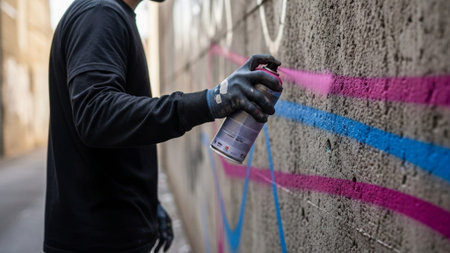 Cinematic ultrawide shot of a street artist applying vibrant graffiti. Selective focus highlights the hand, spray can, and aerosol mist on a concrete wall.の素材