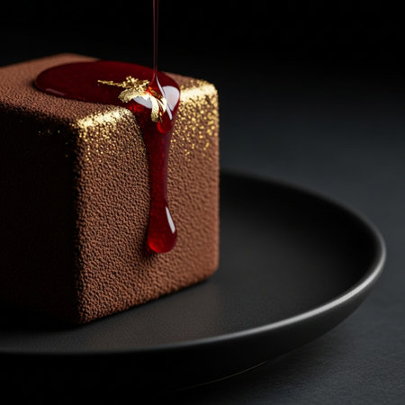 Dramatic macro shot of a geometric dark chocolate mousse cube with edible gold leaf and a vibrant red fruit reduction drip on a black plate.の素材