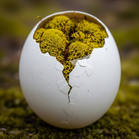 Extreme macro photo of a cracked white eggshell sprouting vibrant yellow-green moss. Hyper-detail close-up symbolizing Easter and Spring renewal.の素材