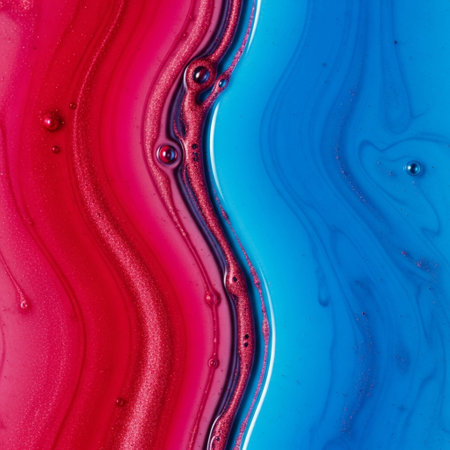 Macro abstract of non-mixing crimson oil and electric blue pigmented water creating sharp, slow-moving molecular separation patterns. Cinematic flow.の素材