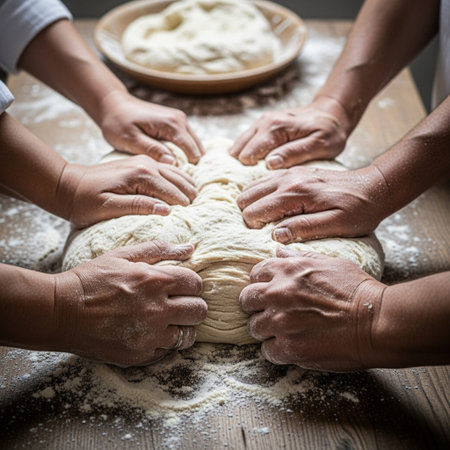 Close-up of diverse, flour-dusted hands kneading traditional sweet yeast bread dough on a rustic wooden table, symbolizing faith and tradition.の素材