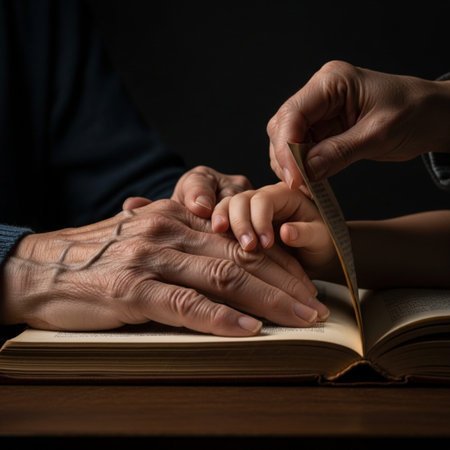 Tightly framed, conceptual detail of a grandparent's aged hand guiding a child's hand to turn the page of an antique storybook, symbolizing intergenerational learning and deep connection.の素材