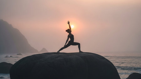 Silhouetted woman in Warrior II yoga pose on a coastal rock at misty sunrise. Focus on wellness, balance, and dramatic nature.の素材