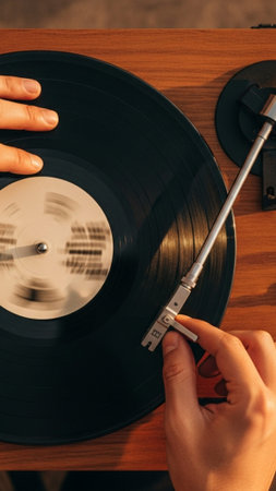 Close-up, top-down drone shot (9:16) of hands lowering a needle onto a vintage, spinning vinyl record player. Geometric symmetry and warm, sharp details.の素材