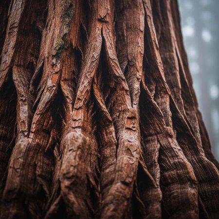 Razor-sharp, close-up square shot of the deeply textured, fibrous bark of a giant Sequoia trunk shrouded in soft, atmospheric mist, conveying scale and age.の素材