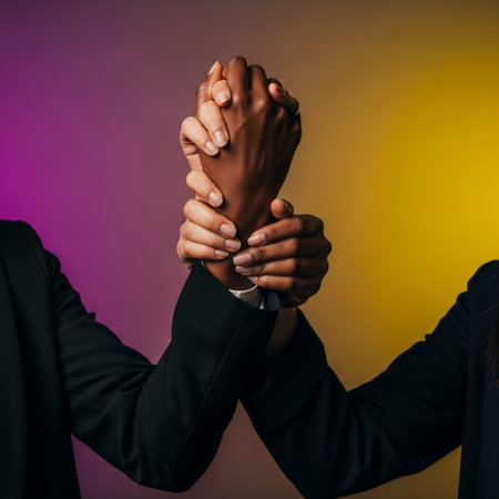 Close-up of diverse professional women linking arms under purple and yellow cinematic light, symbolizing IWD unity and leadership.の素材