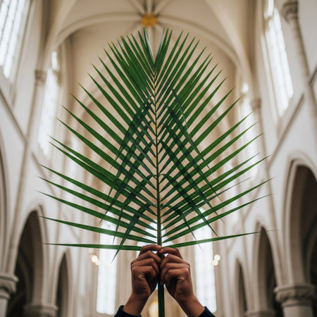 Close-up of a tightly woven green palm frond held high during a Palm Sunday service. Low-angle cinematic shot focused on texture and detail.の素材