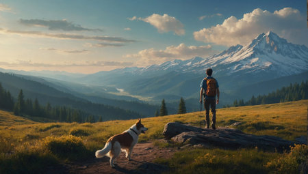 Man with backpack and dog in mountains at sunset. Traveling with pet conceptの素材