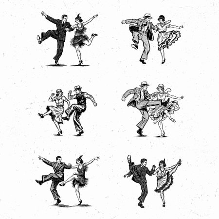 Carnival dancers in various poses. Black and white illustration.のイラスト素材