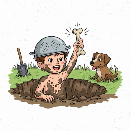 Little boy playing with a dog in the hole. Vector illustration.のイラスト素材