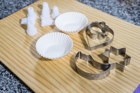 Utensils for making pastries, muffins with lace and cut pastaの写真素材