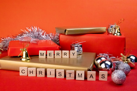 Still life with decoration for Christmas, contains decorative gifts, silver Christmas balls, golden...