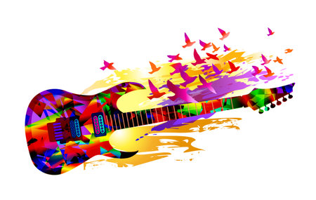 Colorful music instruments background design with guitar and flying birdsのイラスト素材