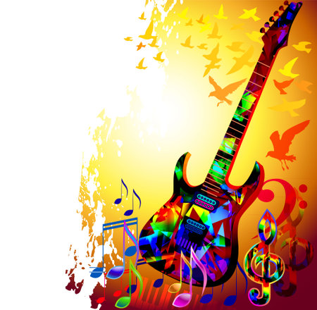 Colorful music instruments background design with guitar, piano, treble clef and music notesのイラスト素材