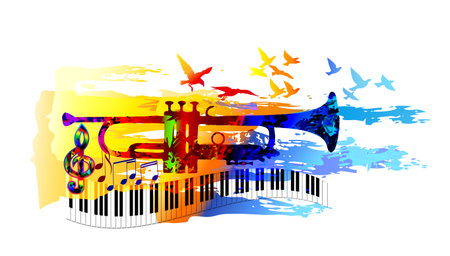 Colorful music background painting with trumpet, piano, musical notes and birdsのイラスト素材