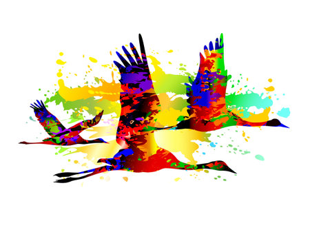 Birds flying, colorful cranes background paintingのイラスト素材