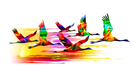 Birds flying, colorful cranes backgroundのイラスト素材