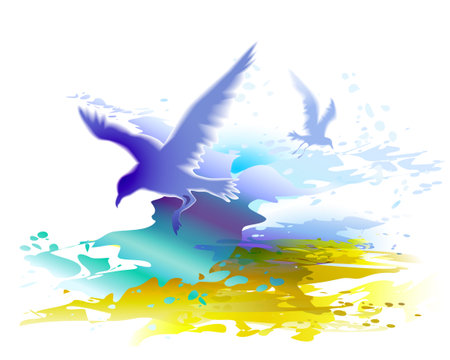 Watercolor background with flying birds, seagulls and ocean wavesのイラスト素材