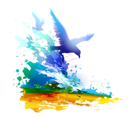 Watercolor background with flying birds seagulls and ocean wavesのイラスト素材
