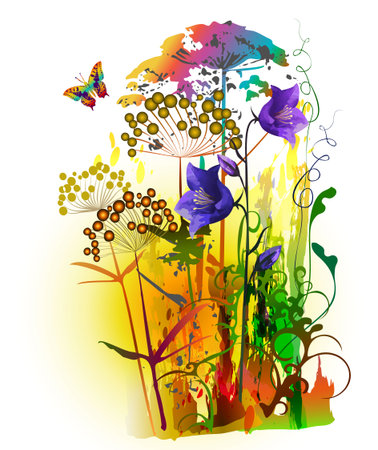 Digital Watercolor tropical, field flowers painting Vector illustration.のイラスト素材