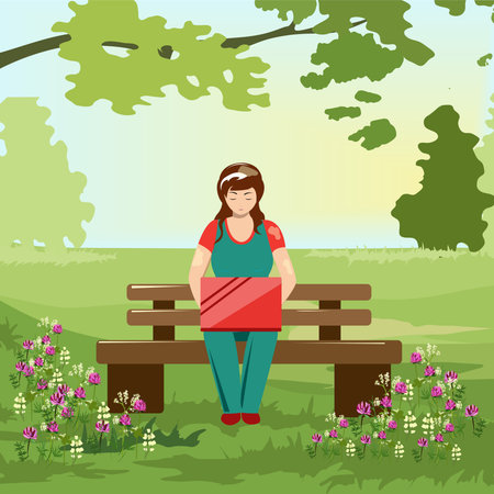 A woman works at a laptop in a Parkのイラスト素材