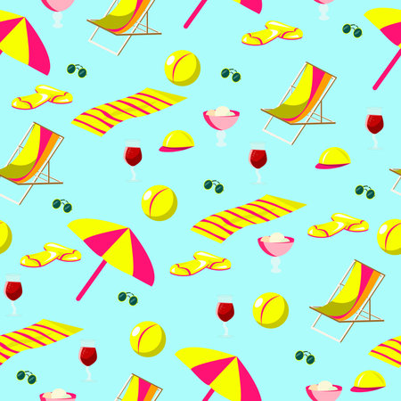 Pattern beach holiday with sun beds and towels and umbrellas