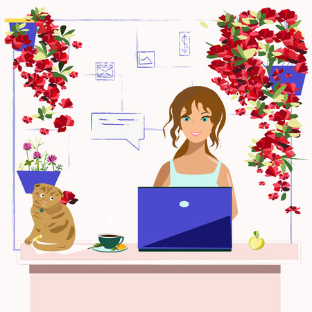 Working at home at the computer with coffee and a catのイラスト素材