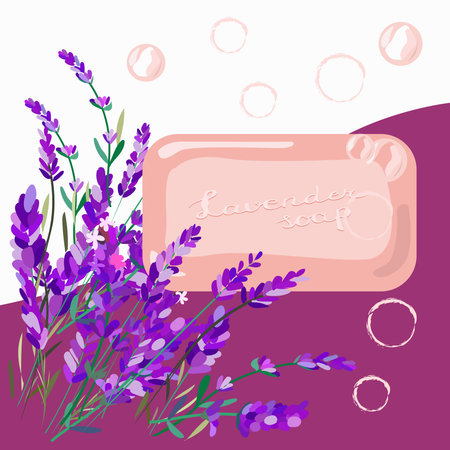 A bar of lavender-scented soap and flowersのイラスト素材