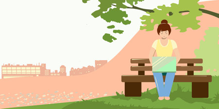Girl works behind a computer in the park on a warm day aloneのイラスト素材