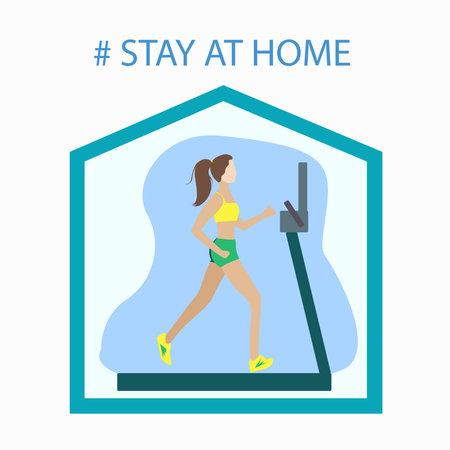 A girl runs on a treadmill at home and is encouraged to stay at homeのイラスト素材