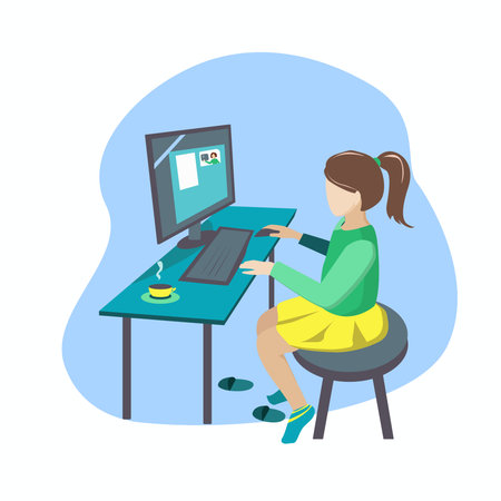 The girl learns remotely at home from a computer using modern means of communicationのイラスト素材