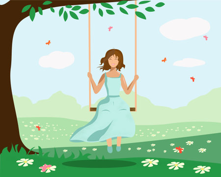 The girl swings on a swing near a tree and smilesのイラスト素材