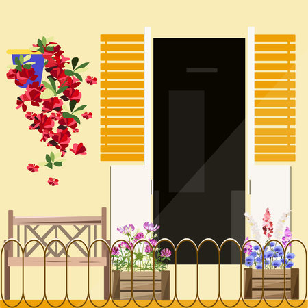 A balcony with lots of flowers on a Sunny dayのイラスト素材