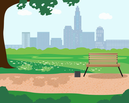 Illustration of a summer day in a city Park with trees a bench and the city in the backgroundのイラスト素材