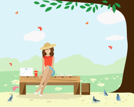 A girl sits on a Park bench with a laptop a book and a Cup and feeds pigeonsのイラスト素材