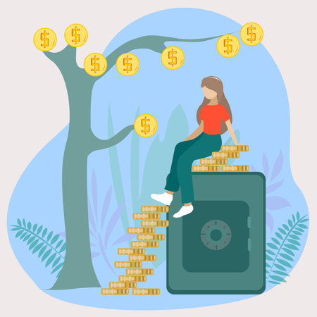 The girl is sitting on a safe and a pyramid of coins near a tree with moneyのイラスト素材