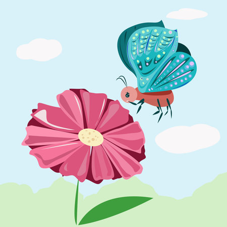 A butterfly flew to a flower to collect pollenのイラスト素材